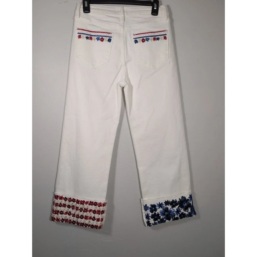Driftwood White Jeans Womens 34 Crop Embroidered Floral High Rise Stretch Denim - Picture 9 of 12
